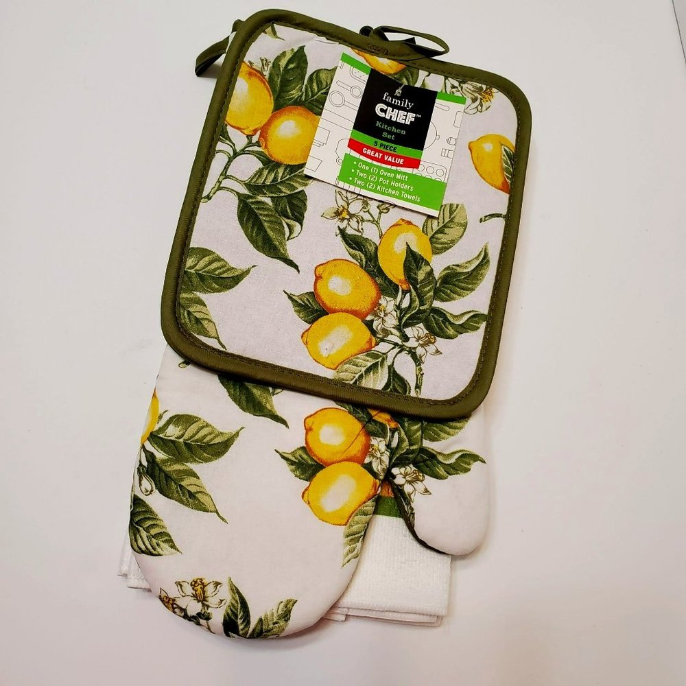 Lemon decor Kitchen Set, 5-pc, Towels Potholders Mitt, Green Yellow NWT